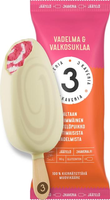 3 Kaveria Vadelma & Valkosuklaa jäätelöpuikko 110ml/80g