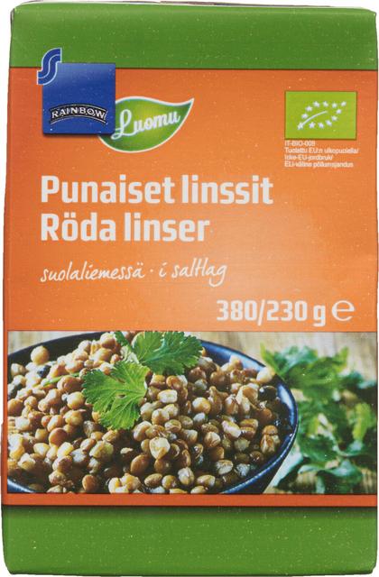 Rainbow 380/230g punaiset linssit suolaliemessä luomu