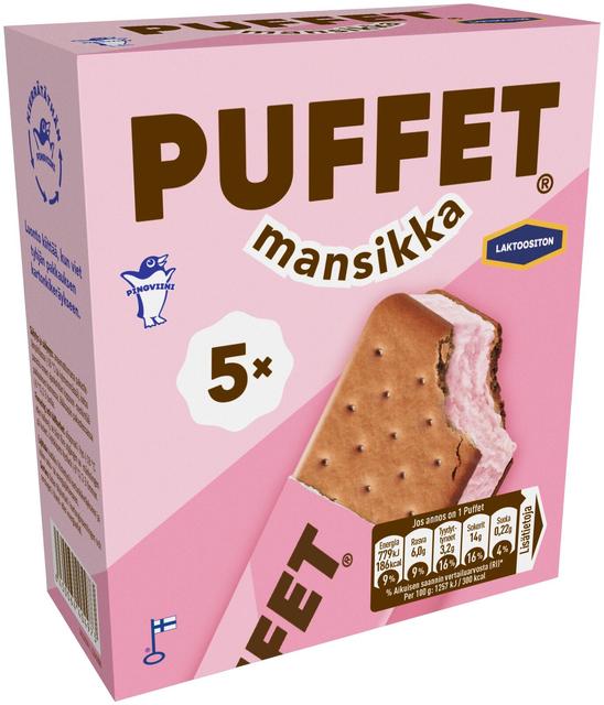 Puffet Mansikka laktoositon välipalajäätelö monipakkaus 5x62g/1,1dl