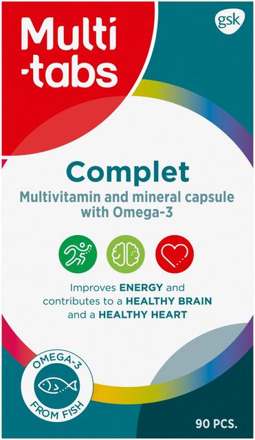 Multi-tabs Complet Monivitamiini + Omega-3, ravintolisä aikuisille ja yli 11-vuotiaille lapsille, 90 kapselia