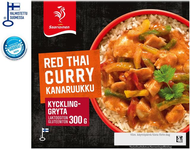 Saarioinen Red Thai Curry kanaruukku; kanaa ja riisiä mausteisessa kastikkeessa 300g