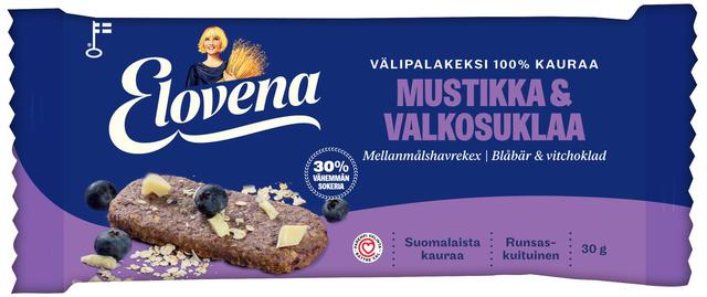 Elovena 30g mustikka-valkosuklaa täysjyvä välipalakeksi 100% kauraa