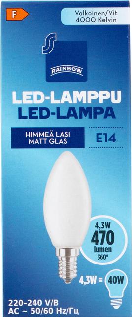 Rainbow LED-kynttilälamppu 4W E14 4000K 470lm huurrettu lasi