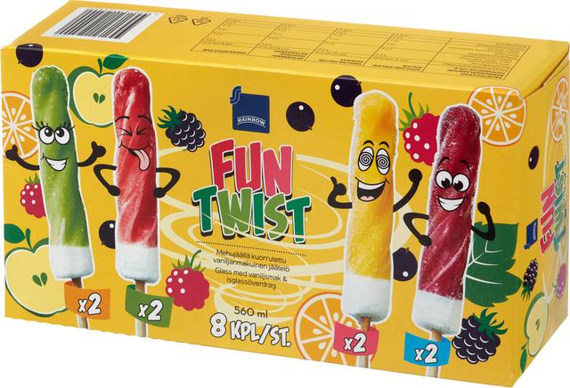 Rainbow Fun Twist mehujäällä kuorrutettu jäätelö monipakkaus 560ml 8kpl