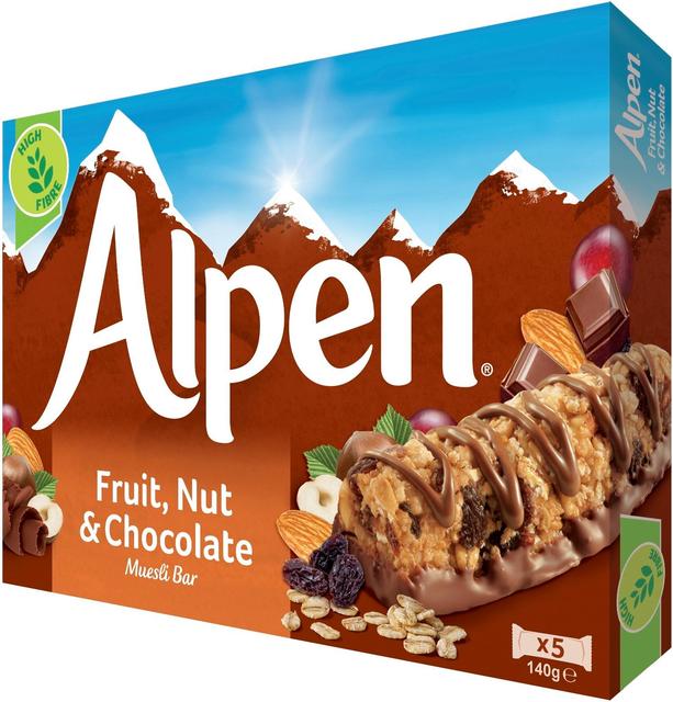 Alpen 5x29g maitosuklaakuorrutettu hedelmä-pähkinä moniviljapatukka