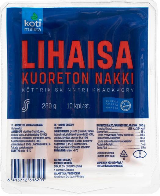 Kotimaista Lihaisa Kuoreton Nakki 280g