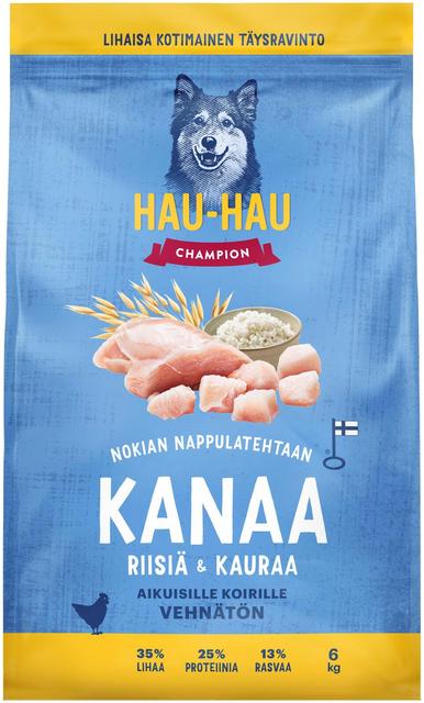 Hau-Hau Champion Nokian Nappulatehtaan Kanaa, riisiä & kauraa täysravinto aikuisille koirille 6 kg