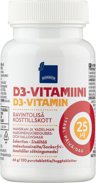 Rainbow D3-vitamiini 25µg ravintolisä 66 g/120 purutablettia mansikan ja vadelman makuinen