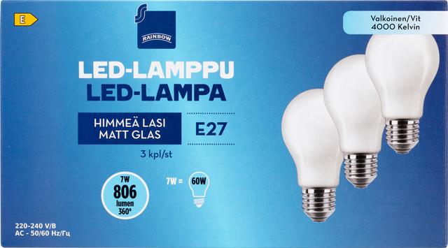 Rainbow LED-lamppu 7W E27 4000K 806lm huurrettu lasi 3kpl