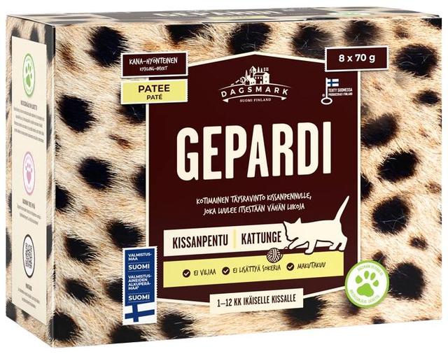 Dagsmark GEPARDI viljaton kana-hyönteispatee kissanpennuille monipakkaus 8 x 70 g