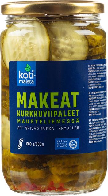 Kotimaista 680g/350g makeat kurkkuviipaleet mausteliemessä