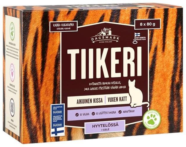 Dagsmark TIIKERI kotimainen kissan täysravinto kanaa ja kalkkunaa hyytelössä 8 x 80 g