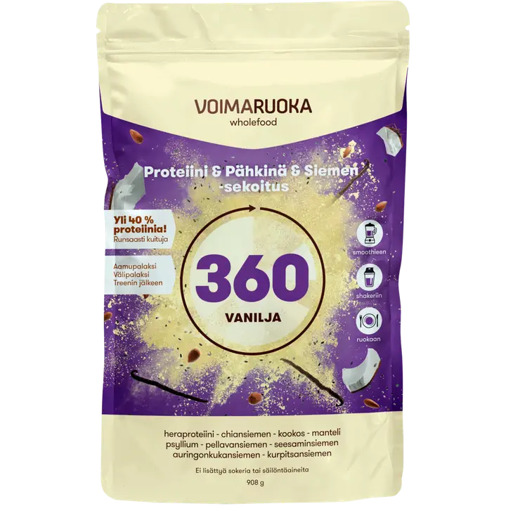 Voimaruoka 360 Wholefood vaniljan makuinen proteiini-siemensekoitus 908g
