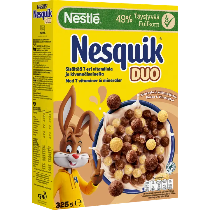 Nestlé Nesquik Duo 325g kaakaomuroja ja valkoisella suklaalla kuorrutettuja muroja