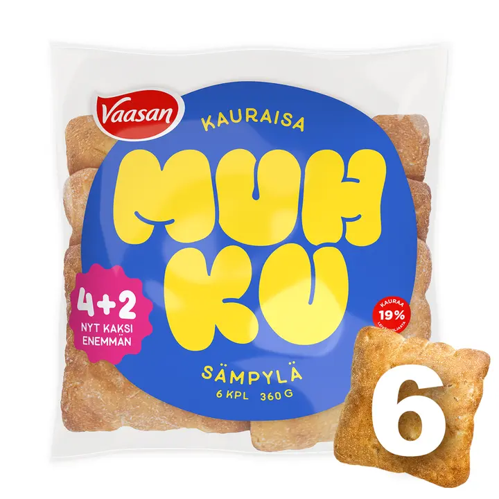 Vaasan Muhku Kauraisa sämpylä 360 g 6 kpl kaura-vehnäsämpylä