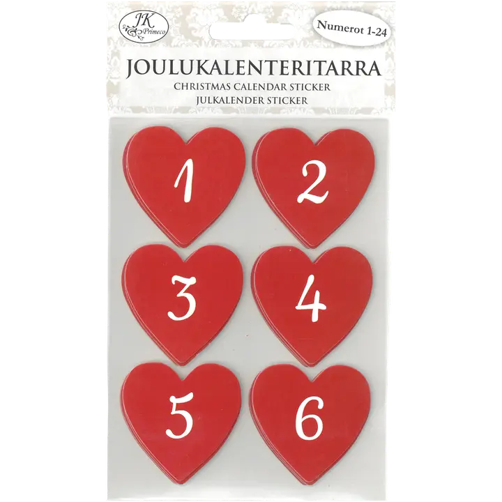 J.K. Primeco joulukalenteritarra sydämet punainen 4ark