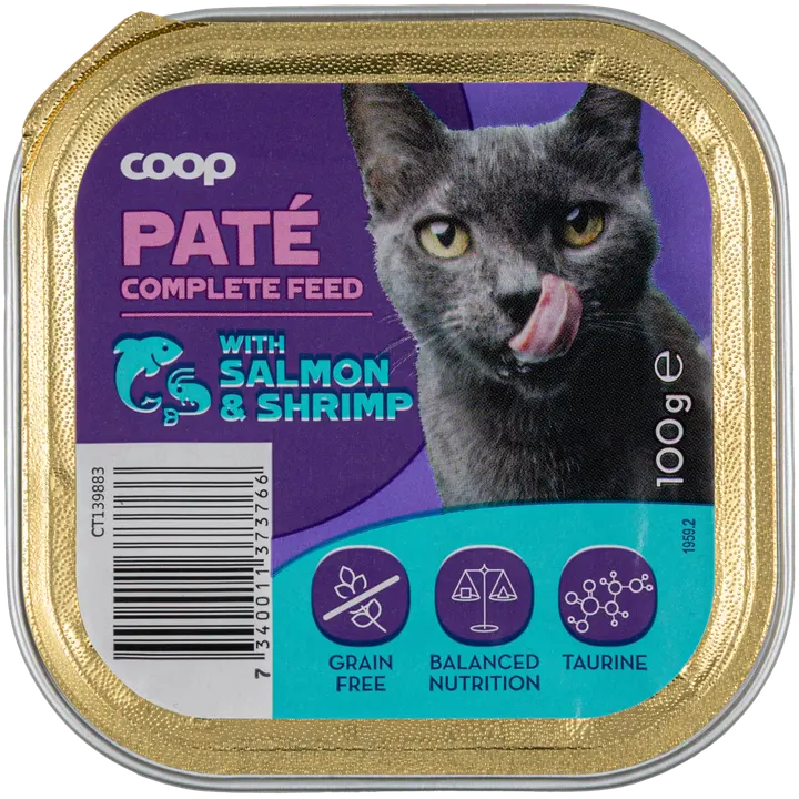 Coop lohta ja katkarapua sisältävä patee täysikasvuisille kissoille 100 g