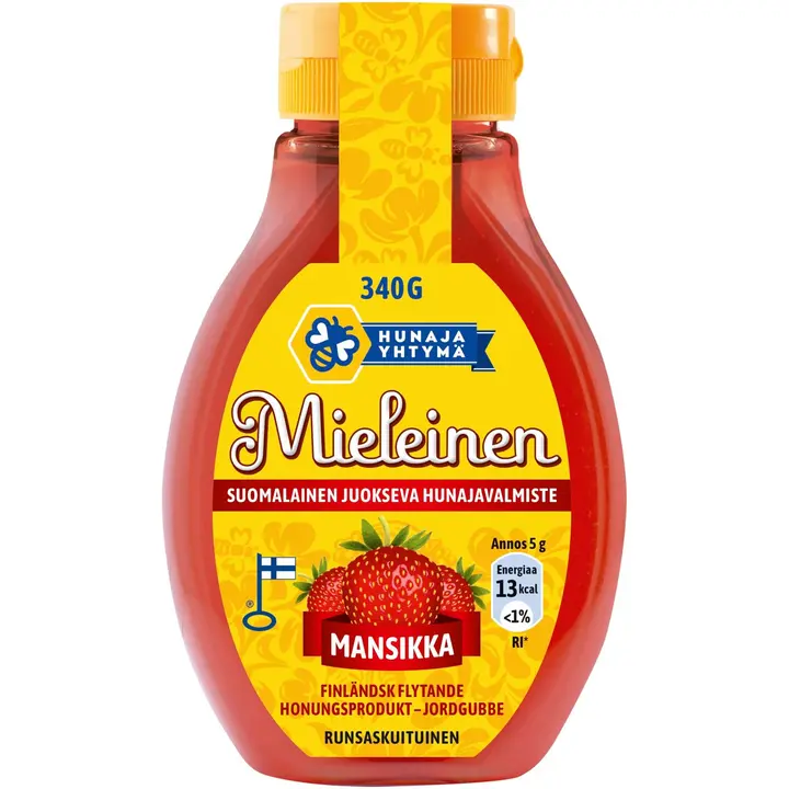 Mieleinen suomalainen juokseva hunajavalmiste mansikka 340g
