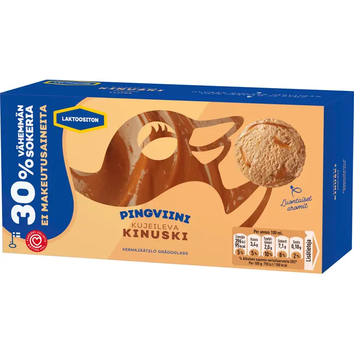 Pingviini Kinuski Vähemmän sokeria Laktoositon kermajäätelö kotipakkaus 525g/1L