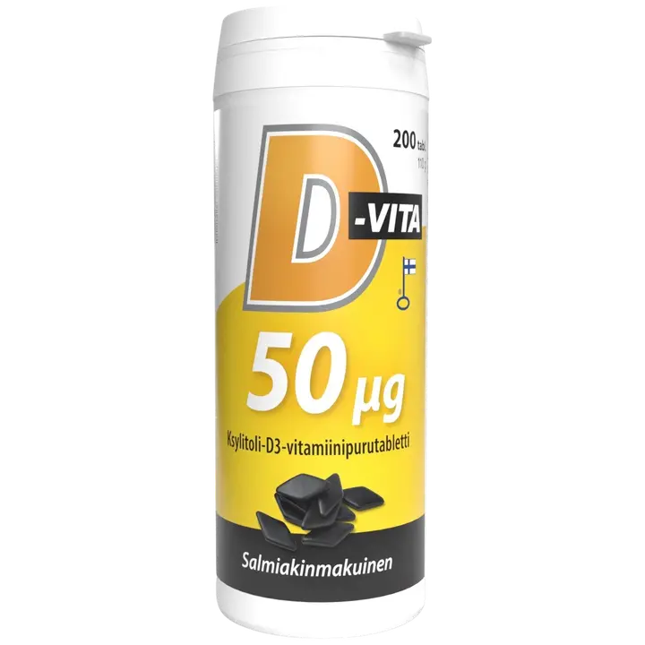 D-Vita 50 ug salmiakinmakuinen 200 tabl ksylitoli-D3-vitamiinipurutabletti