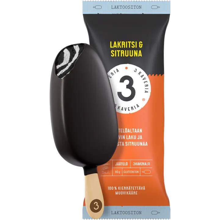 Kolmen Kaverin Jäätelö Laktoositon Lakritsi & Sitruuna jäätelöpuikko 110ml/80g