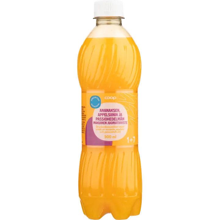 Coop sokeriton ananaksen, appelsiinin ja passiohedelmän makuinen juomatiiviste 1+7 0,5l
