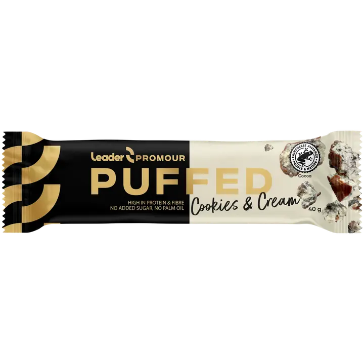 Leader Promour Puffed Cookies & Cream keksin- ja kermanmakuinen riisisuklaaproteiinipatukka 40 g
