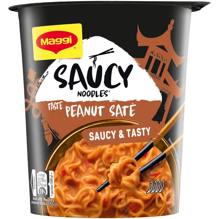Maggi Saucy Noodles 75g Peanut Saté pikanuudeleita kermaisella maapähkinänmakuisella kastikkeella