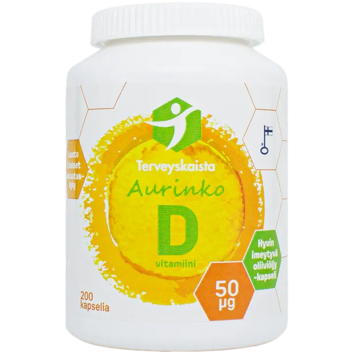 Terveyskaista  Aurinko D 50 µg 200 kaps extra virgin oliiviöljy