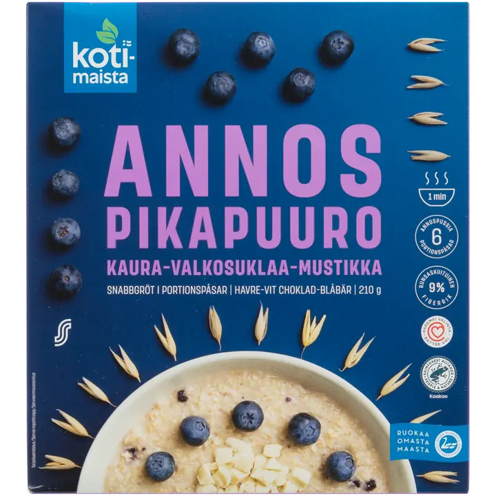 Kotimaista annospikapuuro kaura-valkosuklaa-mustikka 210 g (6 x 35 g)