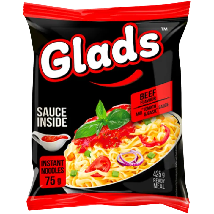 Glads Naudanlihanmakuinen nuudeli tomaatti-basilikakastikkeella 75 g