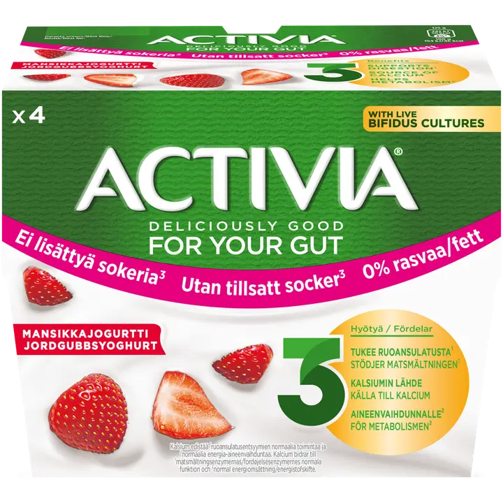 Danone Activia Jogurtti Mansikka Ei lisättyä sokeria 0% rasvaa 4 x 125 g