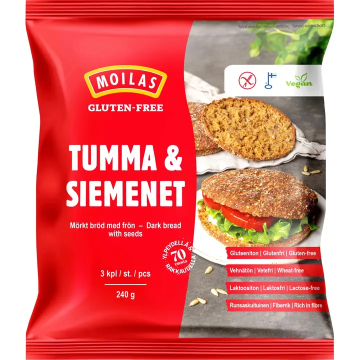 Moilas Gluten-Free Tumma & Siemenet 3 kpl/240 g siemenpalaleipä, kypsä pakaste
