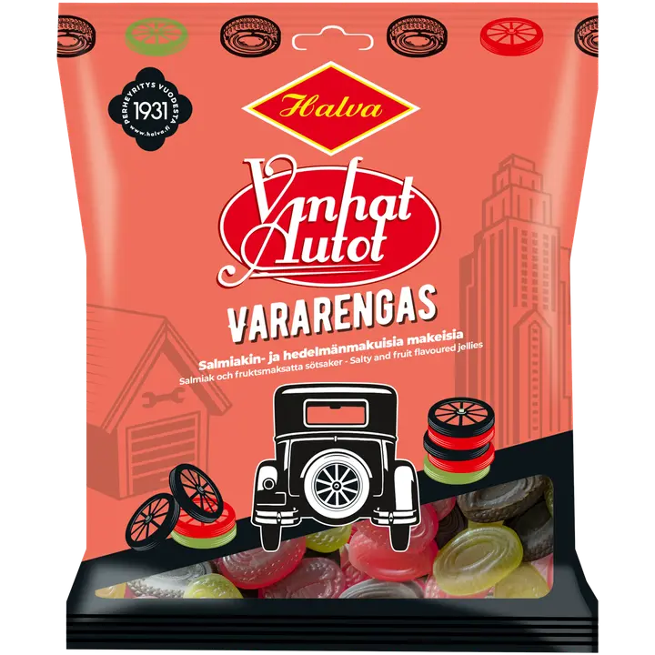 Halva Vanhat Autot Vararengas salmiakin- ja hedelmänmakuisia makeisia 120 g