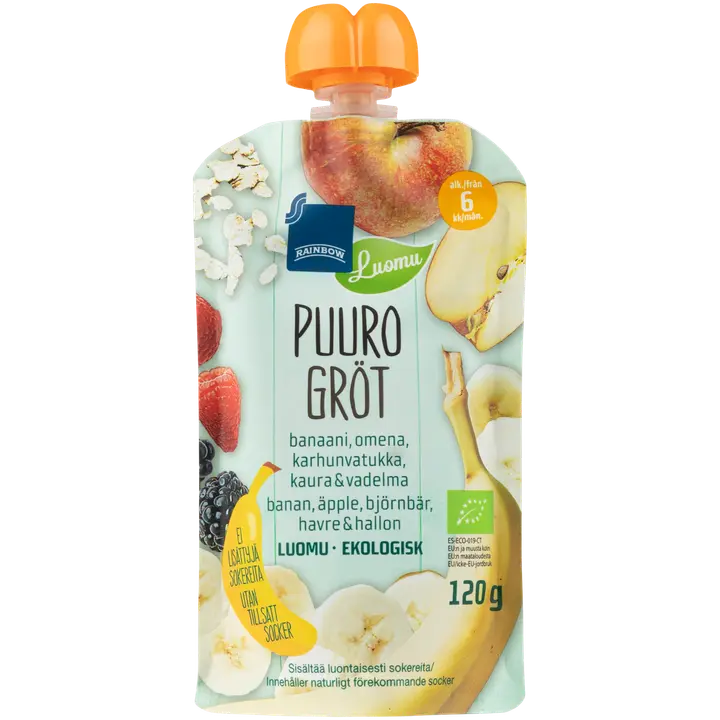 Rainbow puuro kaura/banaani/omena/karhunvatukka/vadelma luomu 120g