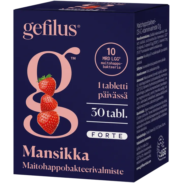 Gefilus Forte mansikka maitohappobakteeri-D3-C-vitamiinivalmiste purutabletti 30tabl ravintolisä