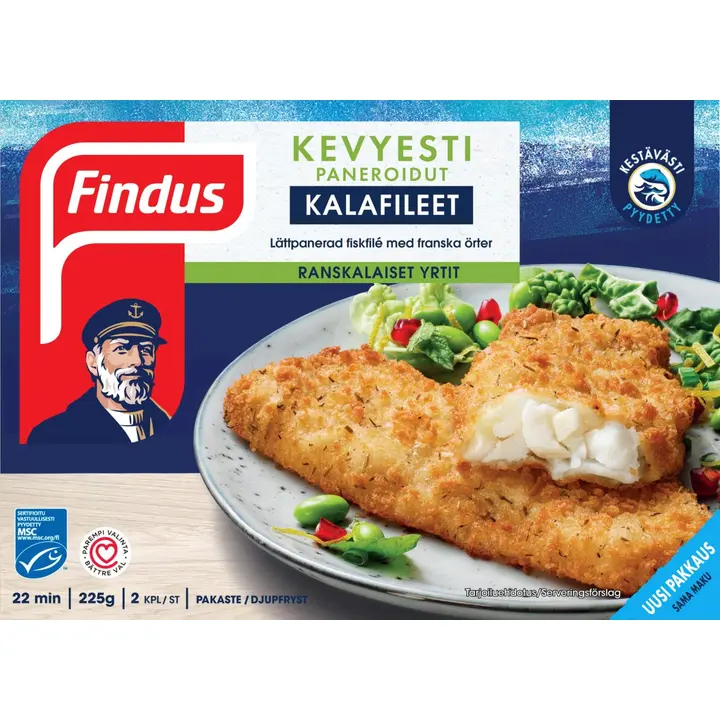 Findus Kevyesti paneroidut kalafileet, Ranskalaiset yrtit MSC 225g, pakaste