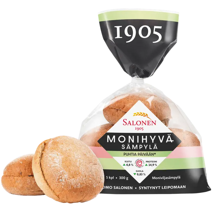 Leipomo Salonen Monihyväsämpylä 5/300 g moniviljasämpylä, halkaistu