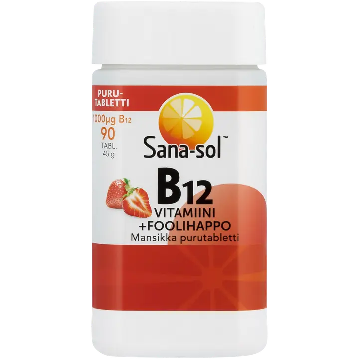 Sana-sol B12-vitamiini 1000µg+foolihappo Mansikka purutabletti ravintolisä 90tabl/45g