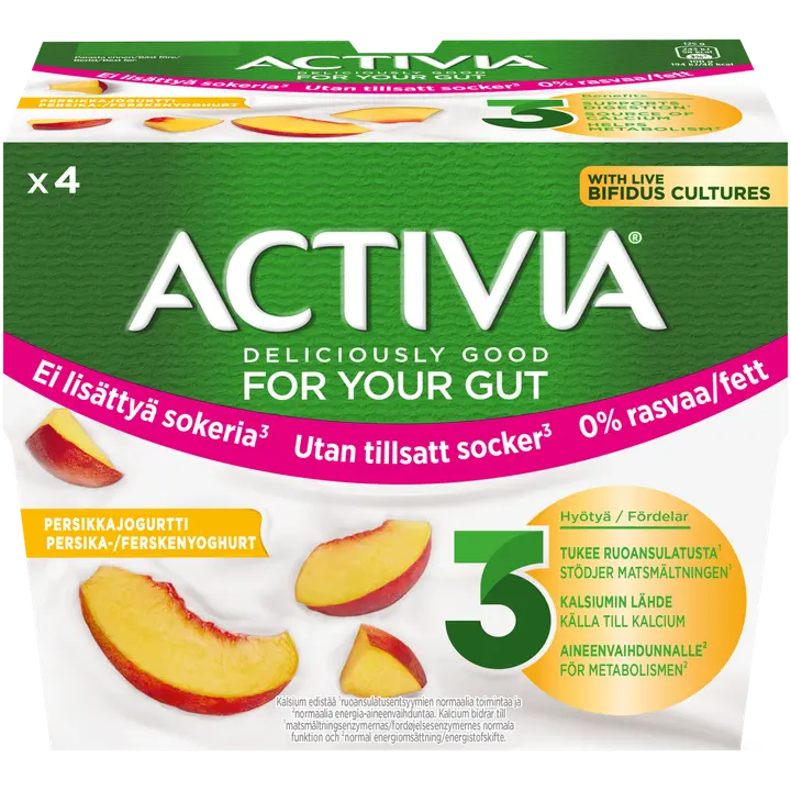 Danone Activia Jogurtti persikka Ei lisättyä sokeria 0% rasvaa 4 x 125 g