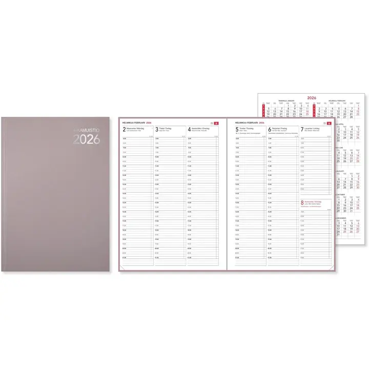 Pöytäkalenteri Aikamuistio ommeltu 2026, rosé