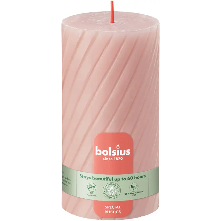 Bolsius – kierrepöytäkynttilä rustiikkinen – vaalea pinkki – 13 cm