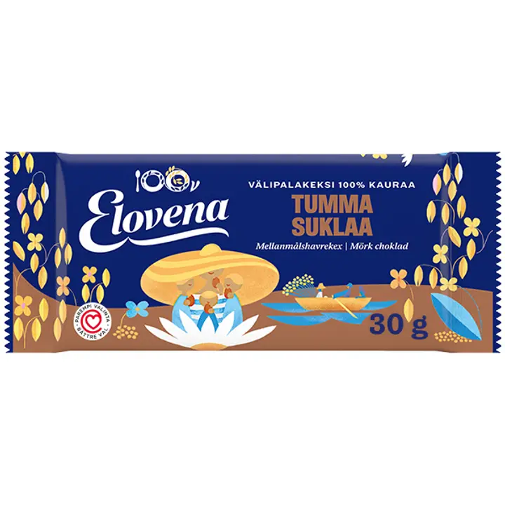 Elovena 30g tumma suklaa täysjyvävälipalakeksi 100% kauraa