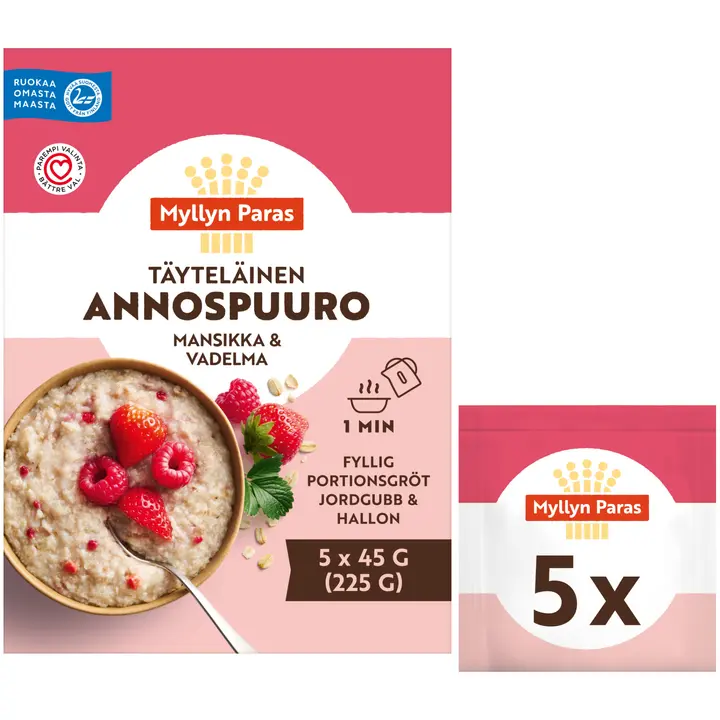 Myllyn Paras Täyteläinen Annospuuro Mansikka & Vadelma 5x45g