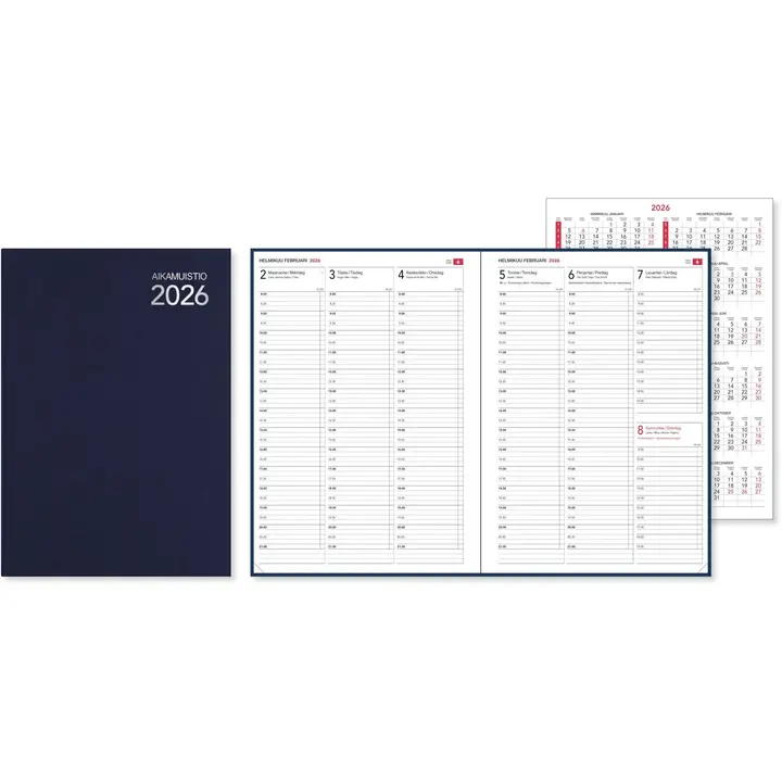 Pöytäkalenteri Aikamuistio ommeltu 2026, sininen