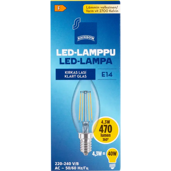 Rainbow LED-kynttilälamppu 4,3W E14 2700K 470lm kirkas lasi