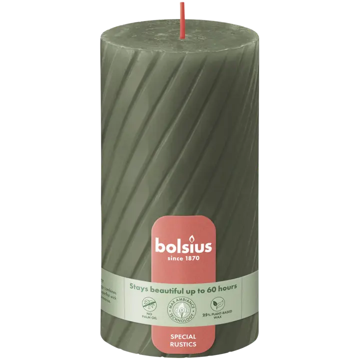 Bolsius – kierrepöytäkynttilä rustiikkinen– oliivinvihreä – 13 cm