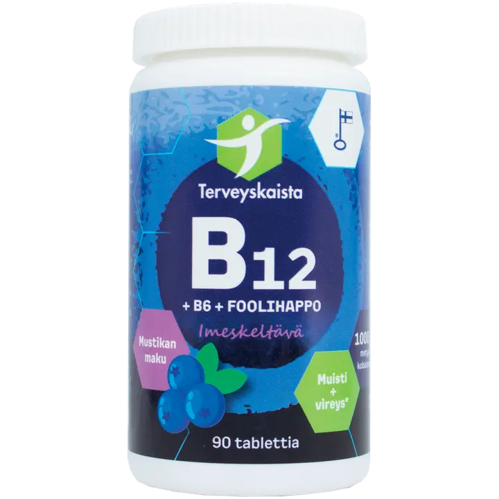 Terveyskaista B12+B6+Foolihappo, imeskeltävä (mustikka) 90 tabl.