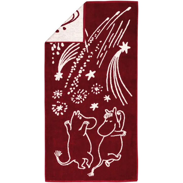 Moomin Arabia Muumi kylpypyyhe Juhlan aika 70x140 cm viininpunainen/vaaleanpunainen
