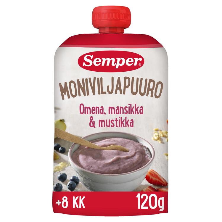 Semper Moniviljapuuro Omena mansikka & mustikka 8kk käyttövalmis lastenpuuro 120g